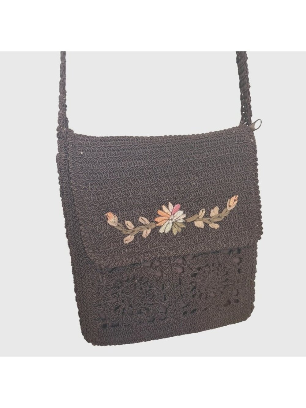 Vintage Boho Crocheted Dark Brown Crossbody Bag With Floral Embroidery Beautiful